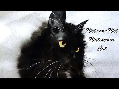 Видео: Как нарисовать пушистого черного кота «мокрым по мокрому» акварелью и тушью суми в РЕАЛЬНОМ ВРЕМЕНИ!