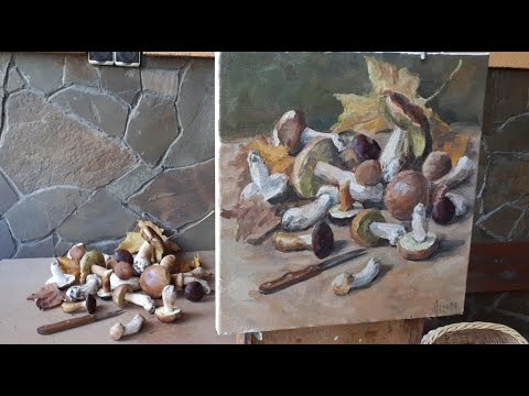 Видео: Натюрморт с белыми грибами. Живопись маслом. Мастер-класс.