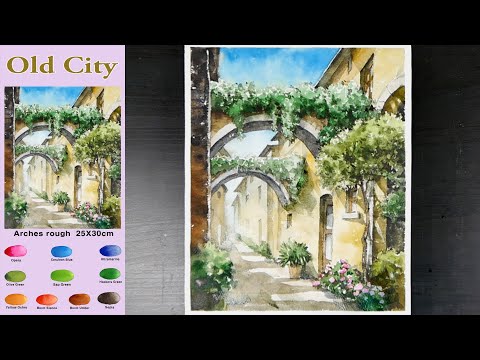 Видео: Пейзаж Акварель -  Старый город  (эскиз и  вид смешения цветов)