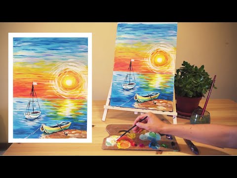 Видео: Рисуване на море и лодки по залез с акрилни бои