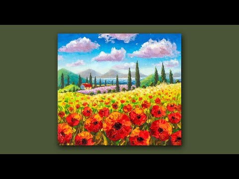 Видео: УРОК ЖИВОПИСИ Акрилом+Маслом. Рисуем красивый летний пейзаж с красными маками. Демо урок рисования.
