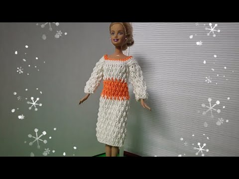 Видео: Платье, связанное крючком объемным узором. Мастер-класс. Crochet Barbie.