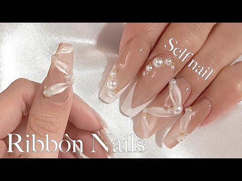 Видео: SUB) Нравится ли вам свадебный маникюр?💍 Простой и элегантный маникюр лентами ˚ ༘♡ ⋆｡˚ ⌇Self nail