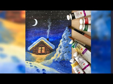Видео: Зимний ночной пейзаж с домиком. Рисование красками.
