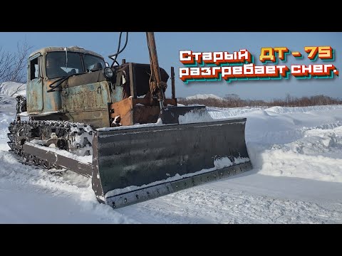 Видео: Старый  ДТ 75 разгребает снег.