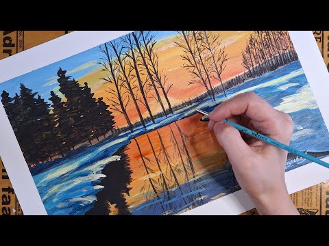 Видео: Картина акрилом. Как нарисовать зимний лес, закат
