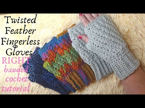Видео: Перчатки без пальцев – скрученные перья – Учебное пособие по вязанию крючком (для правшей)