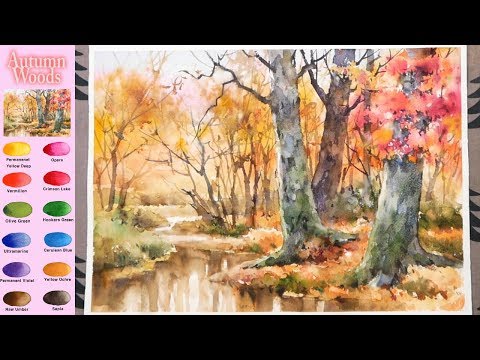 Видео: Без эскиза Пейзажная акварель - Осенние леса (смешение цветов,,Arches)NAMIL ART