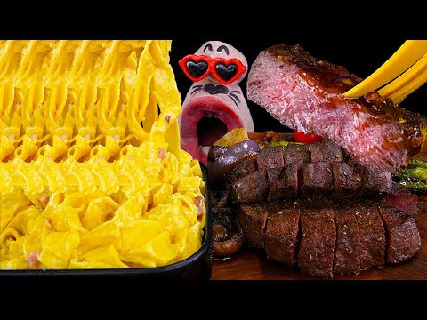 Видео: домашний стейк из говядины и паста со сливками ASMR-поедание (субтитры)