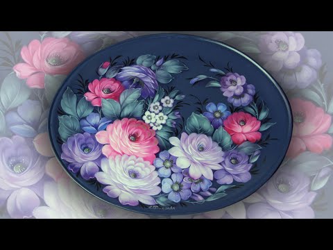 Видео: Выправка на Кованом Жостовском подносе. Букет на синем фоне. Мастер-класс от Л.Гончаровой из Жостово