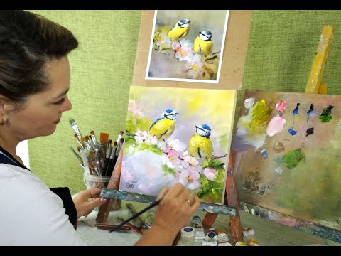 Видео: Птички на цветущей ветке. Урок живописи маслом от студии АРТуДАР.