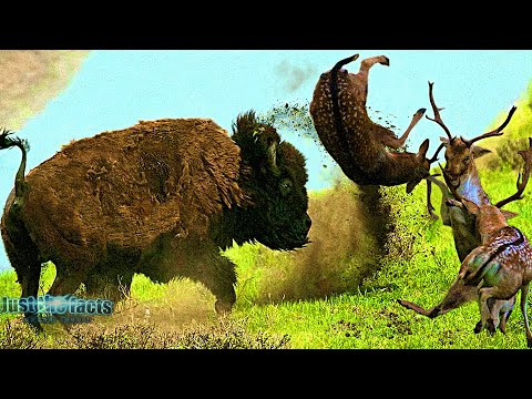 Видео: БИЗОН - Отбивной Молот дикого мира! Бизон против носорога, оленя, собаки и даже волка!