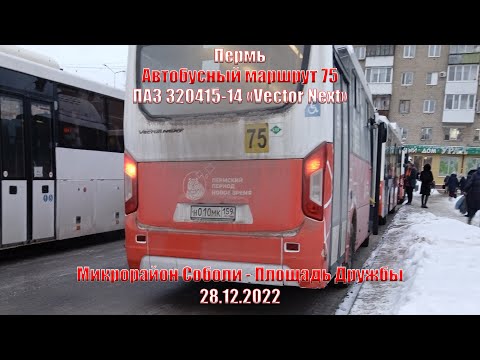 Видео: Пермь | Автобусный маршрут 75 | ПАЗ 320415-14 | Микрорайон Соболи - Площадь Дружбы | 28.12.2022