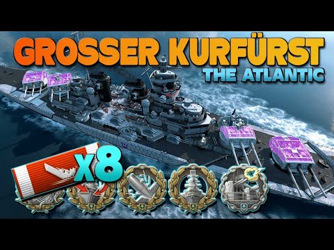 Видео: Линкор Grosser Kurfürst на карте Атлантика, уничтожено 8 кораблей - World of Warships