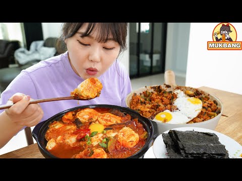 Видео: Mukbang Мягкое рагу из тофу с консервированным тунцом с красным перцем,жареным рисом с зеленым луком