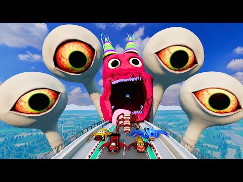 Видео: ALL MONSTERS: тест больших и маленьких машин против прыжковых машин с THOMAS SONIC EATER и McQUEE...