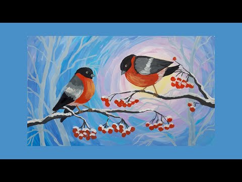 Видео: Зимний пейзаж "Снегири"