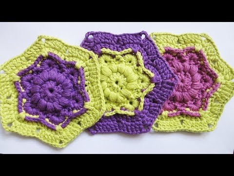 Видео: Двухцветный шестиугольный мотив крючком