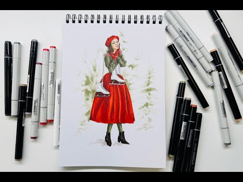 Видео: Новогодняя fashion-иллюстрация маркерами. Видео-урок маркерами