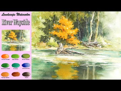 Видео: Пейзажная акварель - Обочина реки (sketch & coloring, Arches rough) NAMIL ART