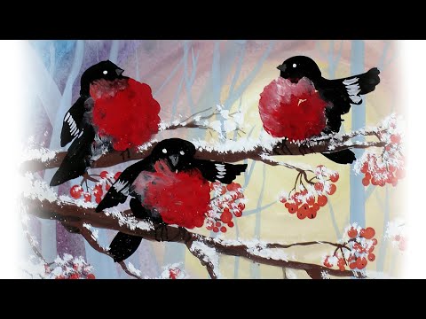 Видео: Как нарисовать снегирей на ветке рябины. Нетрадиционное рисование. Гуашь.
