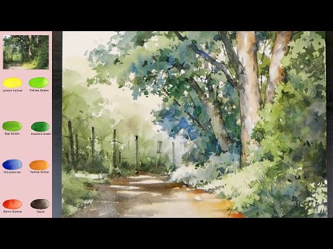 Видео: Без эскиза Пейзаж Акварелью - в лес (скорость 2X, просмотр названия цвета)