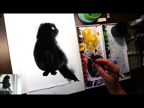Видео: Акварель по мокрому Чёрный Кот