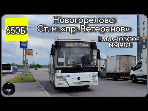 Видео: ЛО, автобусный маршрут №650Б от Новогорелово до ст. м. пр. Ветеранов | Lotos-105C02 №4983