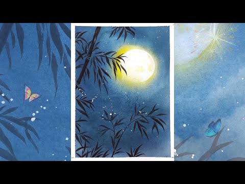 Видео: Лунная ночь с бамбуком акварелью🌿Подробное пошаговое описание🌝Акварель для начинающих🌸