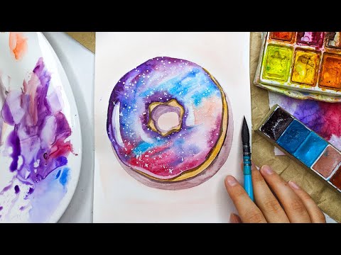 Видео: Как нарисовать космический пончик акварелью. Акварель для начинающих