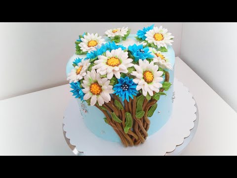 Видео: Торт Ромашковый - Васильковый букетик(крем БЗК). /Cake Chamomile-cornflower bouquet.