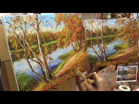 Видео: Октябрьский день. Мастер-класс на двух холстах. Autumn. Master class on two canvases by Oleg Buiko