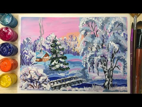 Видео: Зимнее утро. Техника гуаши