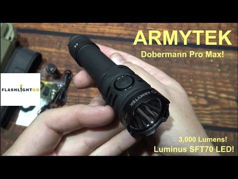 Видео: Обзор комплекта фонарика ARMYTEK Dobermann Pro Max! (3000 люмен, светодиод Luminus SFT70, тактиче...
