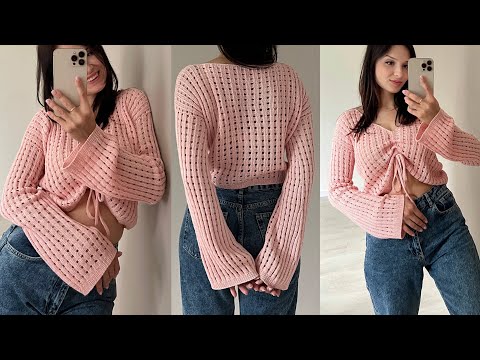 Видео: Трендовая модная укороченная кофточка на завязках спицами! Мастер-класс.