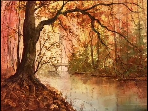 Видео: Осень, Ручей. Большое дерево. Акварель& Autumn in watercolour. Trees & stream