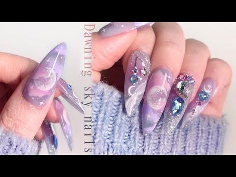 Видео: Нейл-арт Рассветного Неба🌙☁️ очень простое наращивание ногтей / искусство рисования