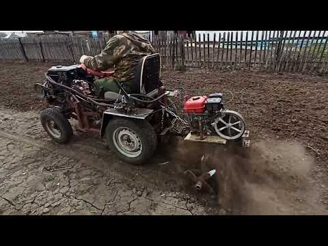 Видео: Пашем огород самодельным минитрактором с навесным мотоблоком (активная почвофреза)