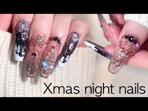 Видео: Зимняя ночь, новогодний нейл-арт☃️🎄 наращивание акриловым гелем / АСМР