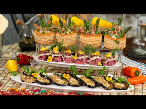 Видео: 4 простых закуски для вечеринки: запечённые баклажаны, спаржевые чашечки и рулетики с салями!