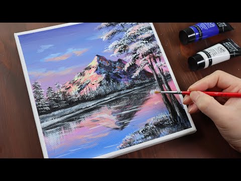 Видео: Снежная гора розовое озеро / Пейзаж / Акриловая живопись / Учебник по рисованию