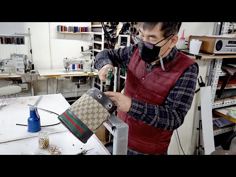 Видео: Процесс превращения потрепанной большой сумки Gucci в новую сумку-ведро