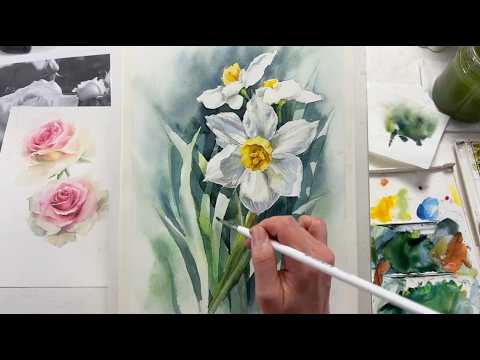 Видео: Как нарисовать НАРЦИССЫ, акварель, часть #1. Мастер-класс Лилии Бето