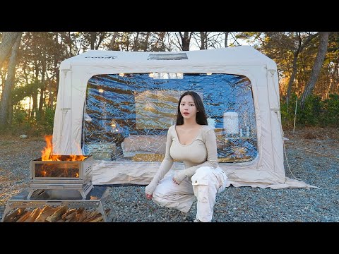 Видео: -10℃ ЖАРКО НАДУВНАЯ ПАЛАТКА КЕМПИНГ В ЛЕСУㅣПОЖАРНЫЙ ЛАГЕРЬ ASMR