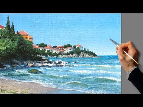 Видео: Морской пейзаж. Живопись акрилом. Уроки рисования. Искусство. Красивая картина. Хобби