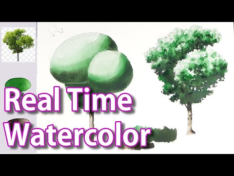 Видео: [В реальном времени] Легко Пейзаж Акварель- Зеленое дерево (эскиз и вид названия цвета)