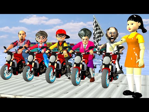 Видео: Игра Scary Teacher 3D vs Squid – Героический мотоциклетный полёт по канату