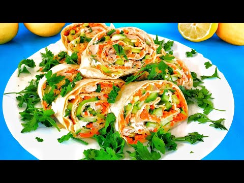 Видео: На скорую руку! Шикарный рулет из лаваша на Новый Год с курицей и корейской морковью. Закуска