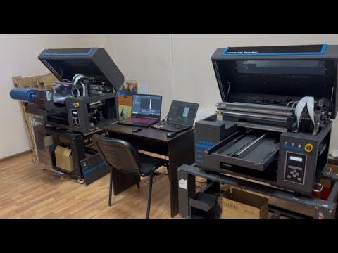Видео: УФ ДТФ печать на УФ принтере FS-4060uv гибридом с тремя головками и FS-4060uv с двумя головками