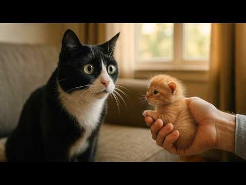 Видео: Коты-комики впервые реагируют на нового котёнка 🤣